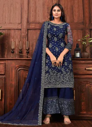 Navy Blue Heavy Embroidered Plazzo Style Suit