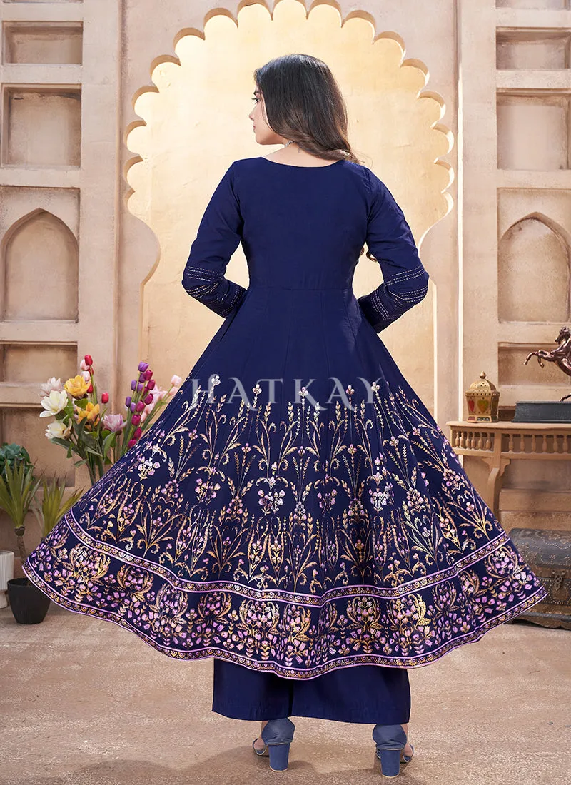 Navy Blue Mirror Work Anarkali Palazzo Suit