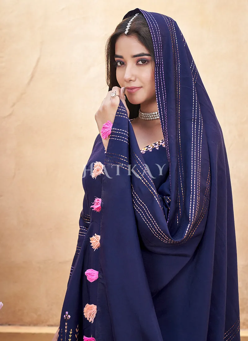 Navy Blue Mirror Work Anarkali Palazzo Suit