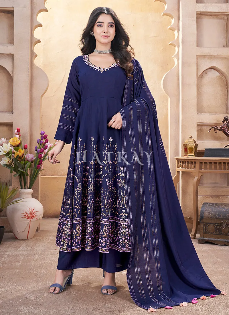 Navy Blue Mirror Work Anarkali Palazzo Suit