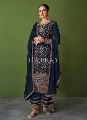 Navy Blue Traditional Embroidered Wedding Palazzo Suit