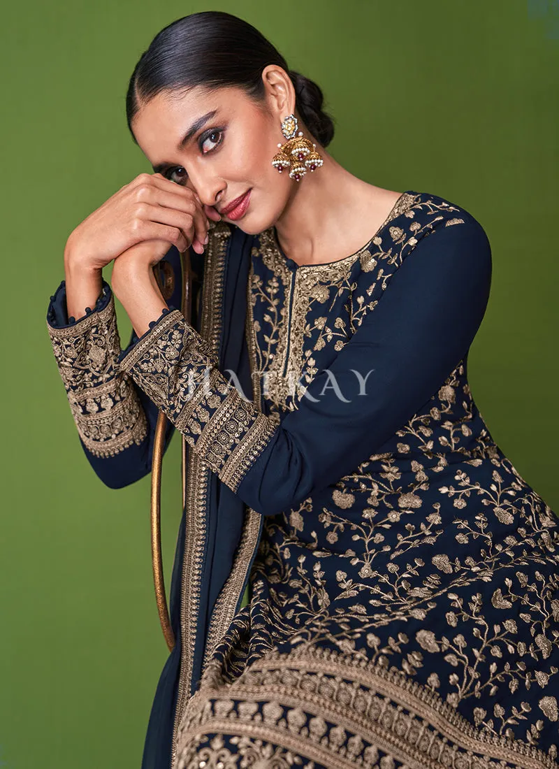 Navy Blue Traditional Embroidered Wedding Palazzo Suit