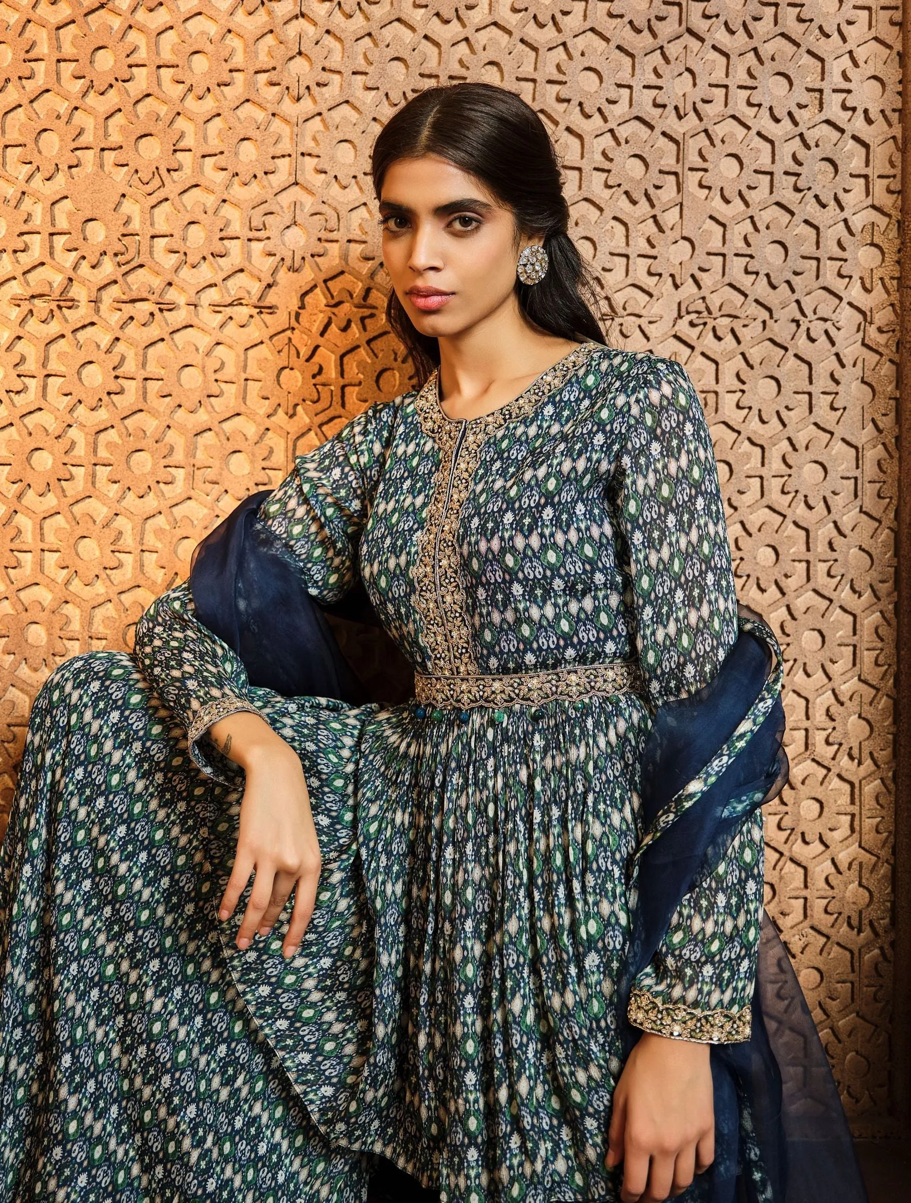 Navy ikkat peplum sharara set