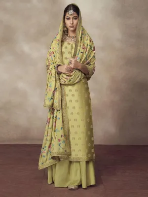 Neon Green Golden Embroidered Designer Silk Palazzo Suit