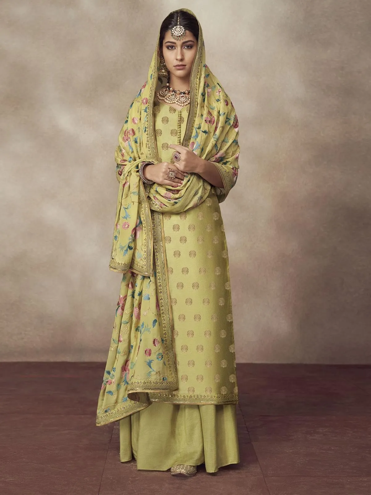 Neon Green Golden Embroidered Designer Silk Palazzo Suit