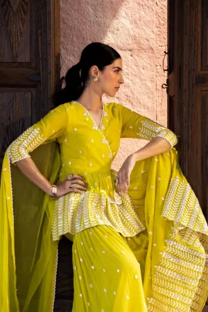 Neon green leaf peplum sharara set