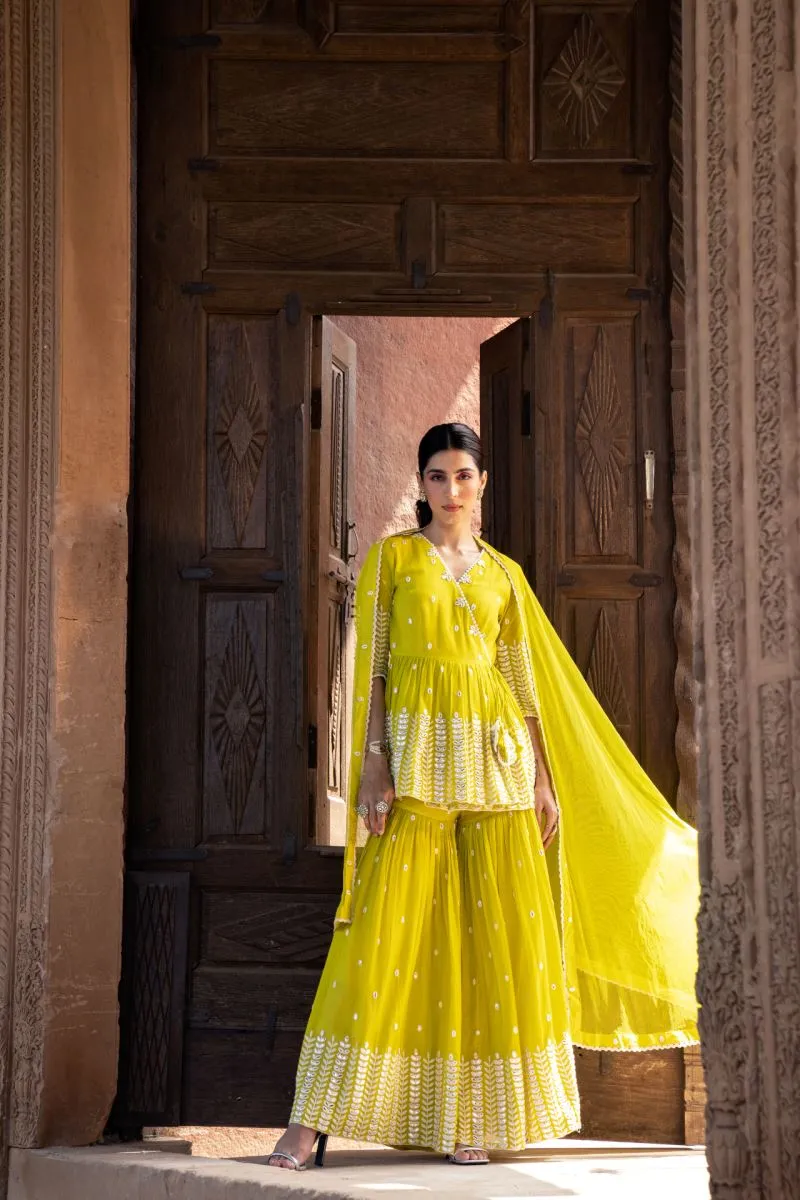Neon green leaf peplum sharara set