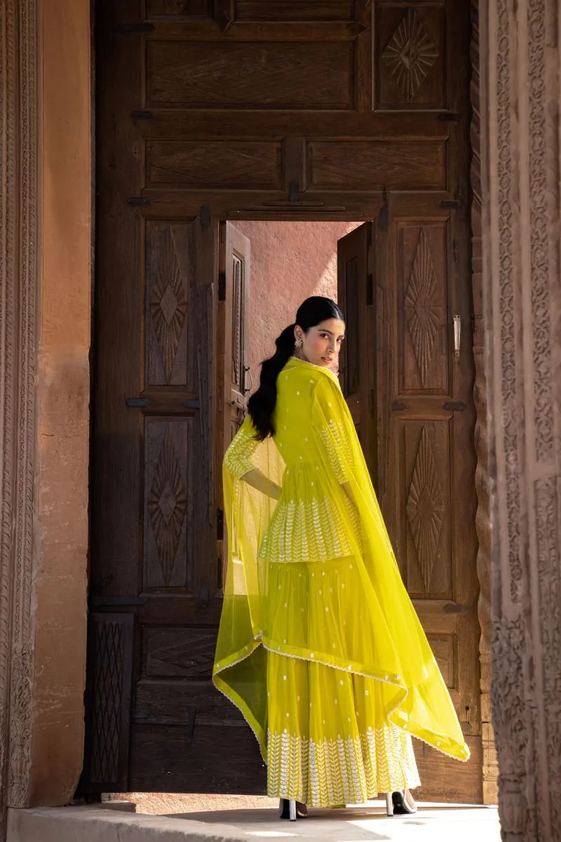 Neon green leaf peplum sharara set