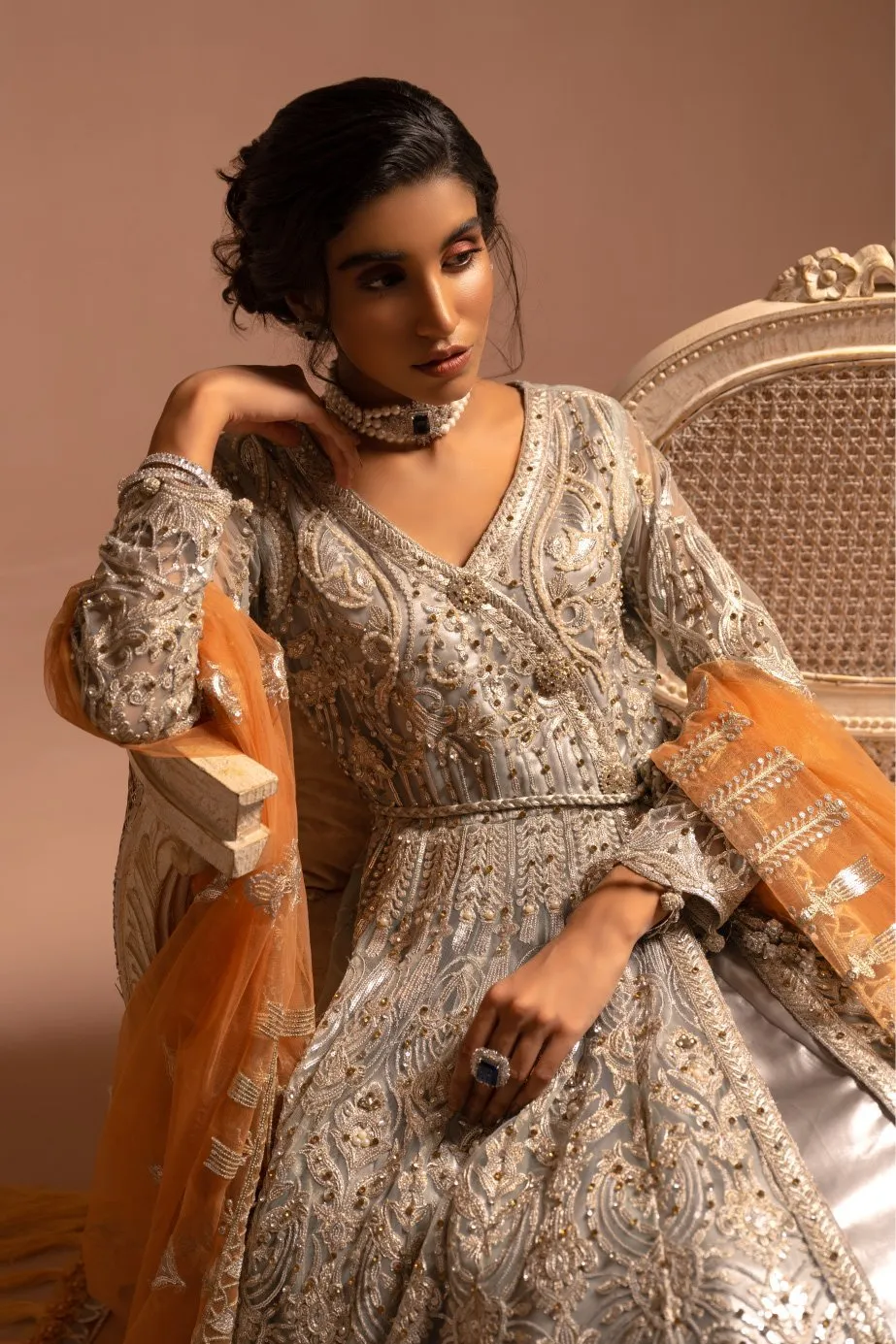 Net Embroidered Silver Maxi for Wedding #Y6149