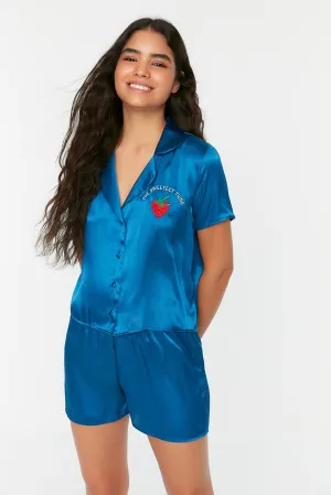 New Dark Blue Embroidered Satin Pajamas Set