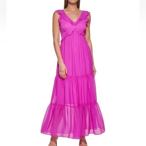 NEW DKNY Fuchsia Ruffle Chiffon Maxi Dress