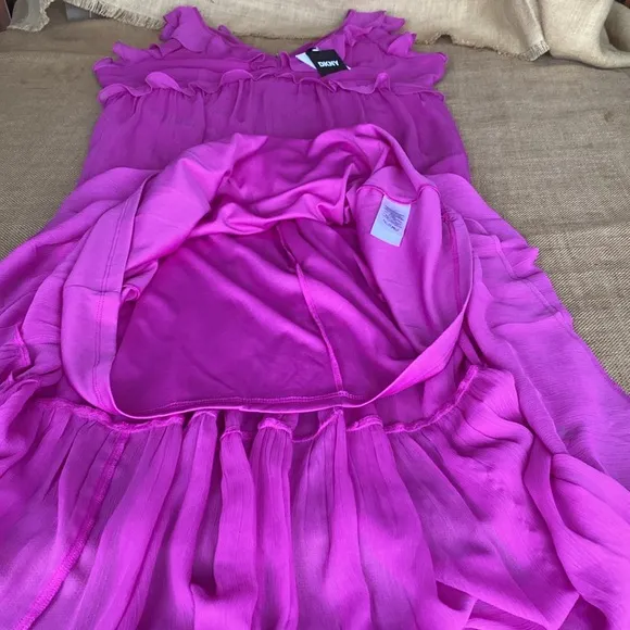 NEW DKNY Fuchsia Ruffle Chiffon Maxi Dress