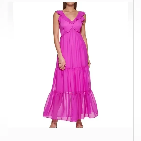 NEW DKNY Fuchsia Ruffle Chiffon Maxi Dress