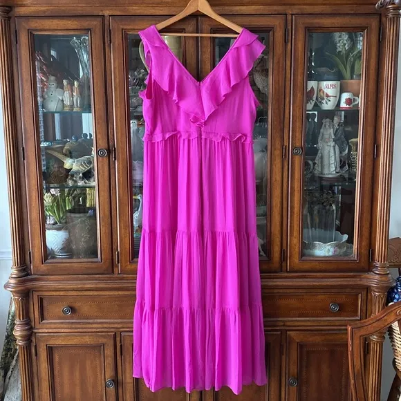 NEW DKNY Fuchsia Ruffle Chiffon Maxi Dress