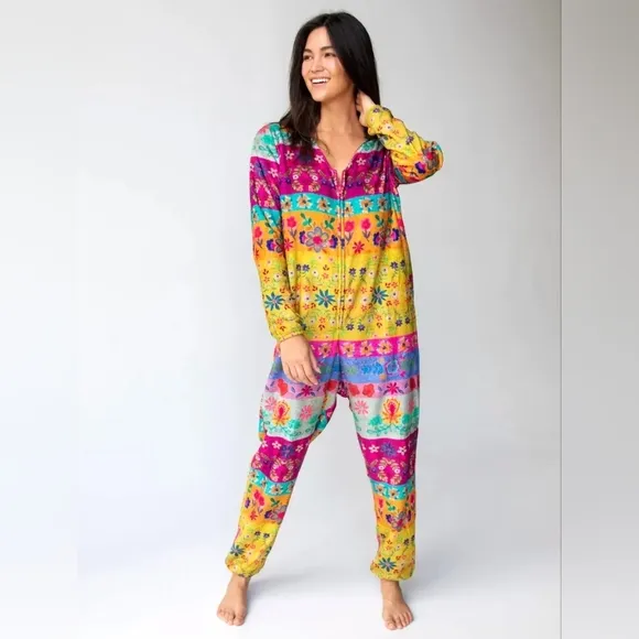 New Natural Life Fleece Onesie Pajamas Yellow Floral Border sz Medium