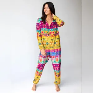 New Natural Life Fleece Onesie Pajamas Yellow Floral Border sz Medium