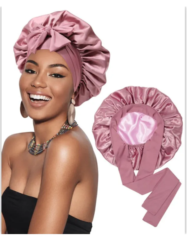 NEW Pink Satin Bonnet Silk Bonnet Hair Bonnet for Sleeping Large Bonnets with Tie Band Hair Wrap with Adjustable Straps Hair Cap Night Sleep Caps for Women Curly Braid Hair