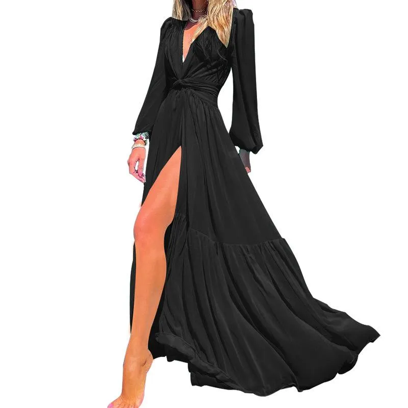 New V Neck Long Sleeves Chiffon Dresses