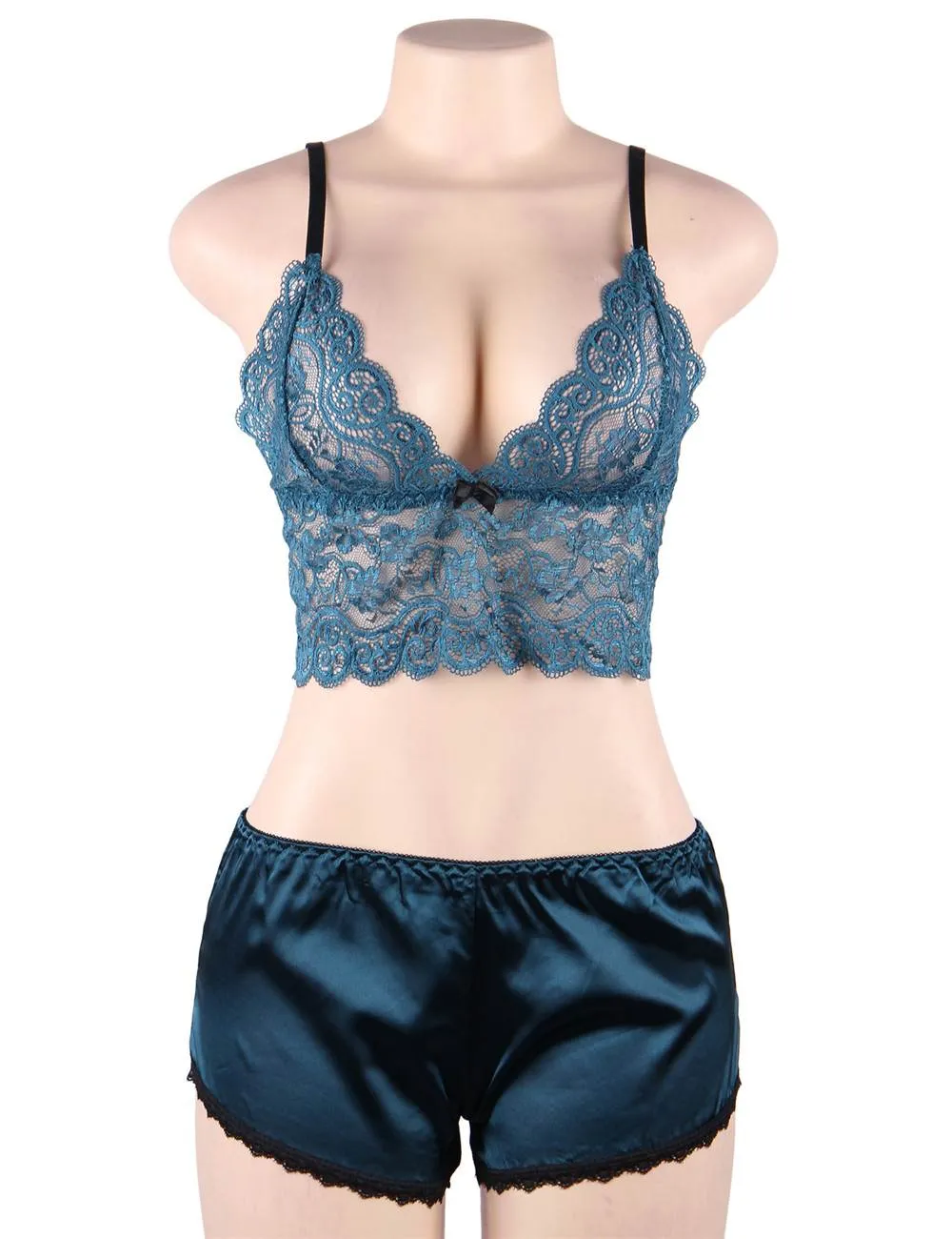 New Women Hollow Sexy Sleepwear Nightwear Lace Trim Satin Top Pajama Sets