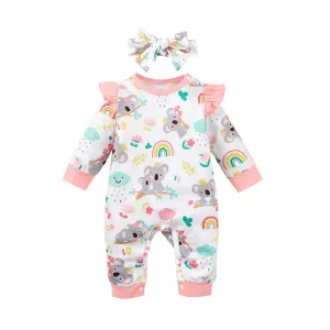 Newborn Baby Girl Long Sleeves Cute Cartoon Bodysuit with Headband - White