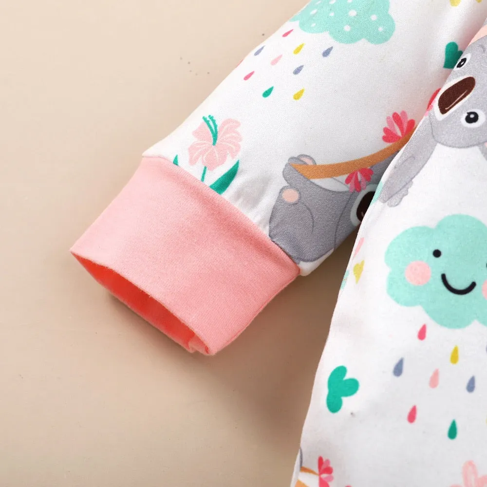 Newborn Baby Girl Long Sleeves Cute Cartoon Bodysuit with Headband - White