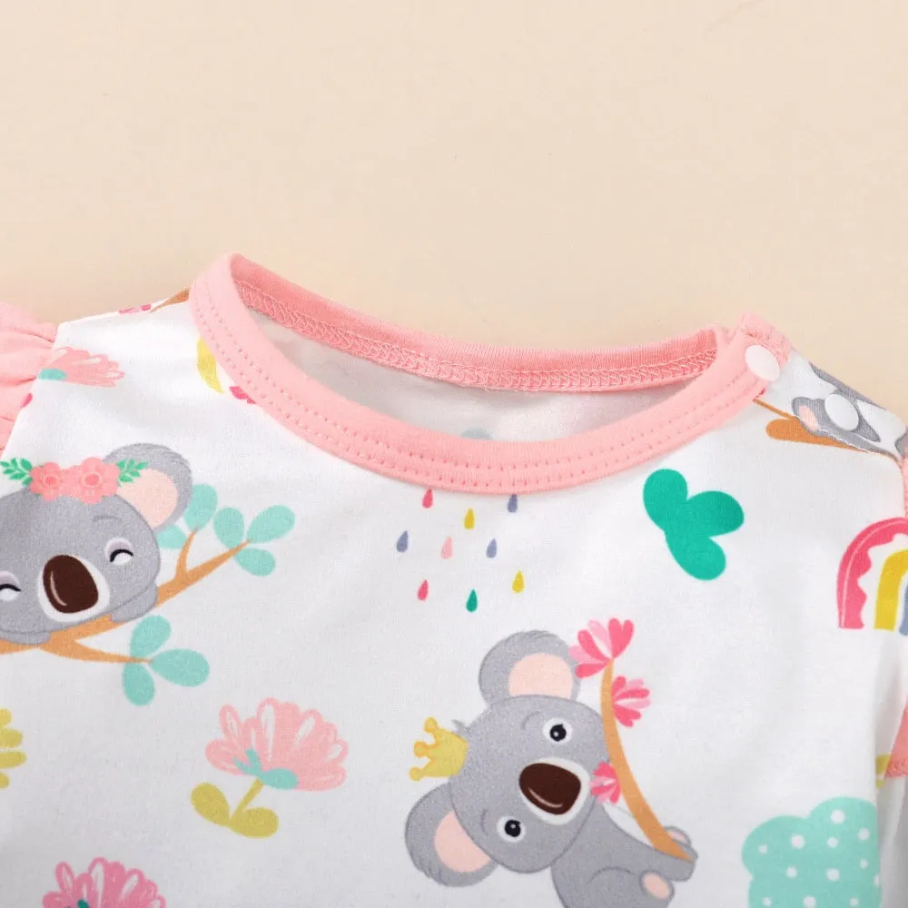Newborn Baby Girl Long Sleeves Cute Cartoon Bodysuit with Headband - White