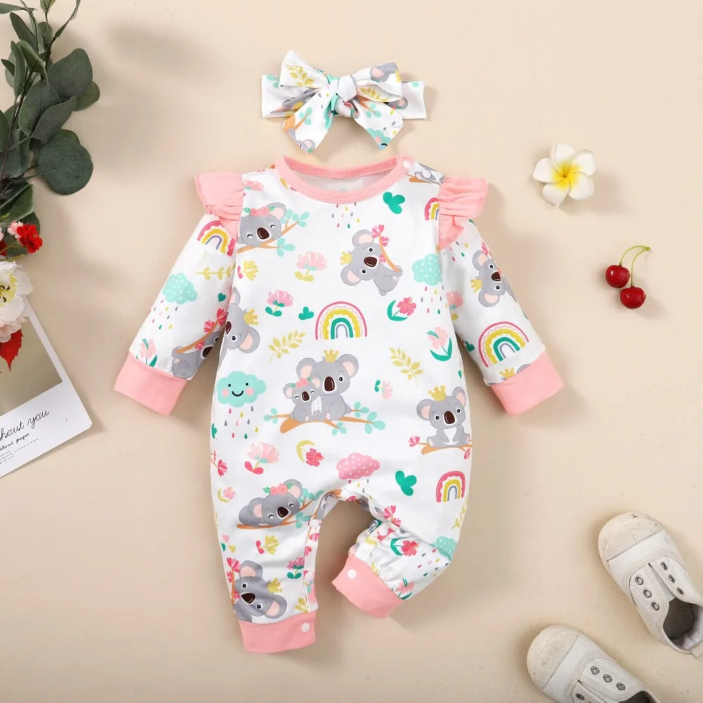 Newborn Baby Girl Long Sleeves Cute Cartoon Bodysuit with Headband - White