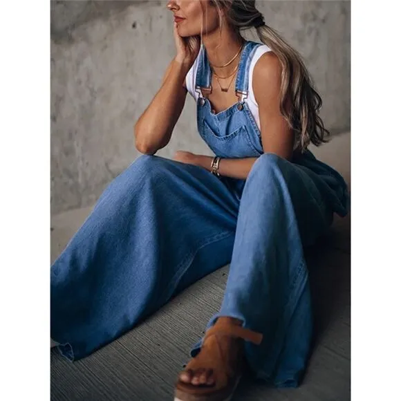 NEW! Super Wide Leg Denim Overalls with Pockets Boho Hippie 90s Stonewashed