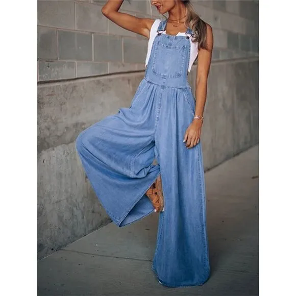 NEW! Super Wide Leg Denim Overalls with Pockets Boho Hippie 90s Stonewashed