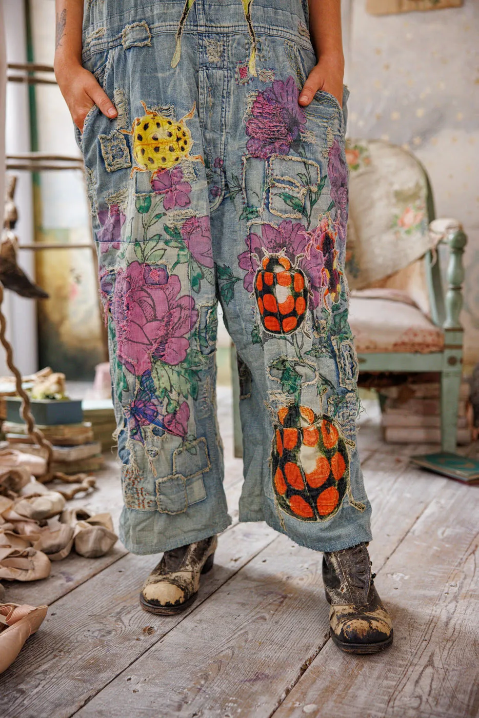 Night Garden Benjamin Wide Leg Overalls in Washed Indigo