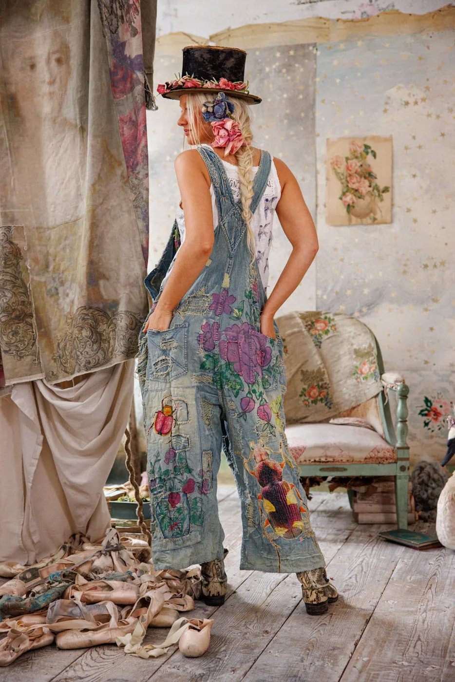 Night Garden Benjamin Wide Leg Overalls in Washed Indigo