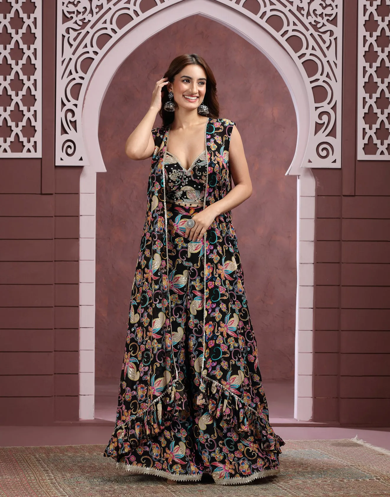 Noir Garden Foil-Printed Georgette Fusion Set