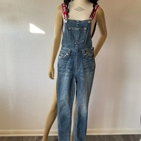 NWOT  True Religion  Skinny Denim overalls. RN112790 202206   Red Straps SzXS