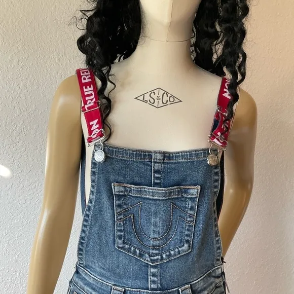 NWOT  True Religion  Skinny Denim overalls. RN112790 202206   Red Straps SzXS