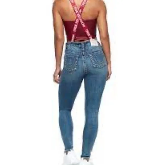 NWOT  True Religion  Skinny Denim overalls. RN112790 202206   Red Straps SzXS