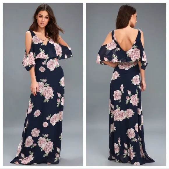 NWT Lulus The Very Thought of You Navy Blue Floral Print Maxi Dress Size Small