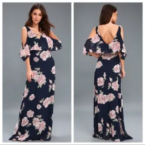 NWT Lulus The Very Thought of You Navy Blue Floral Print Maxi Dress Size Small