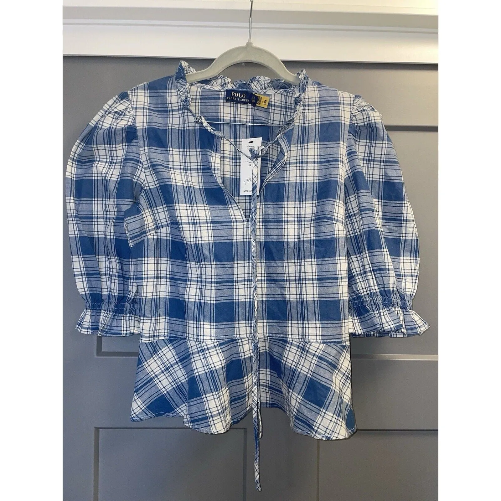 NWT Polo Ralph Lauren Women's Cassie Plaid Ruffle Peplum Blouse - Blue, Size 6