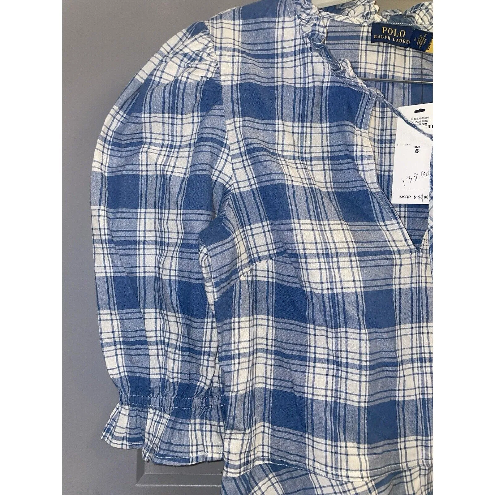 NWT Polo Ralph Lauren Women's Cassie Plaid Ruffle Peplum Blouse - Blue, Size 6