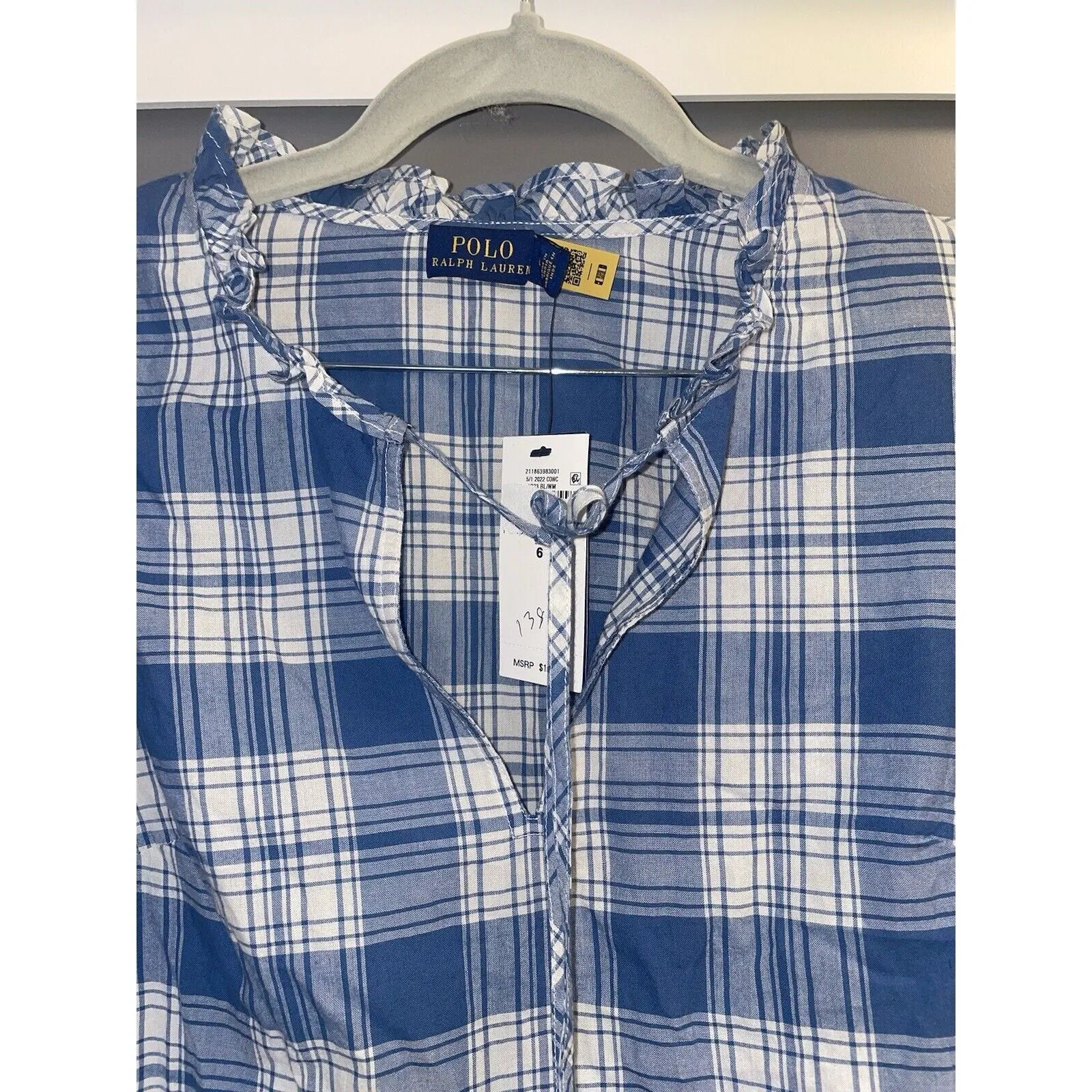 NWT Polo Ralph Lauren Women's Cassie Plaid Ruffle Peplum Blouse - Blue, Size 6