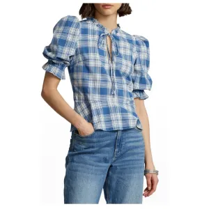 NWT Polo Ralph Lauren Women's Cassie Plaid Ruffle Peplum Blouse - Blue, Size 6
