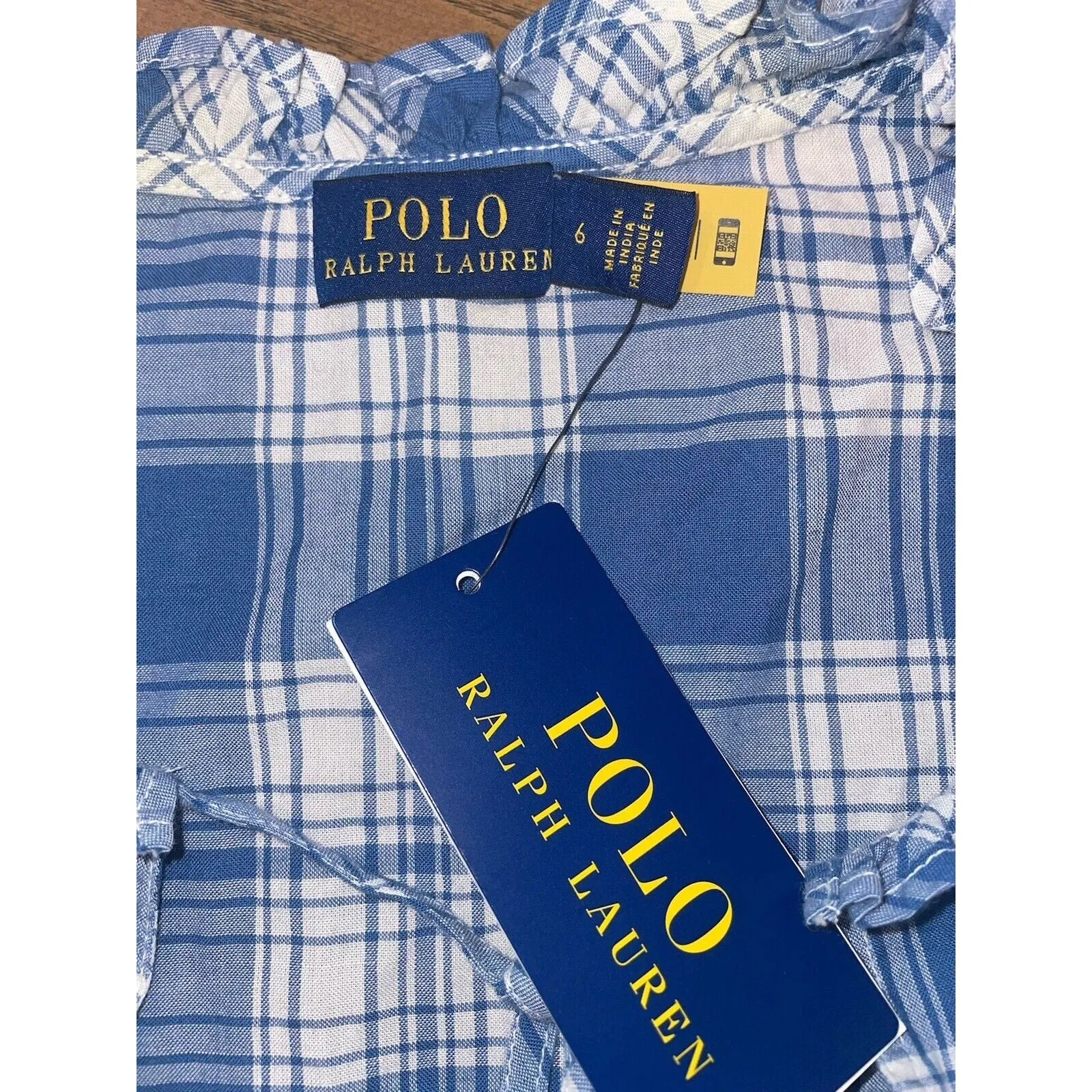 NWT Polo Ralph Lauren Women's Cassie Plaid Ruffle Peplum Blouse - Blue, Size 6