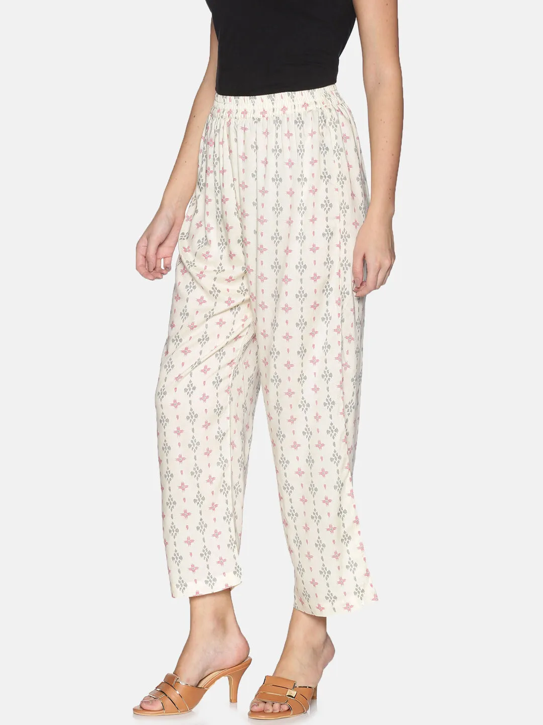 Off White Ikat Printed Wide Leg Palazzo
