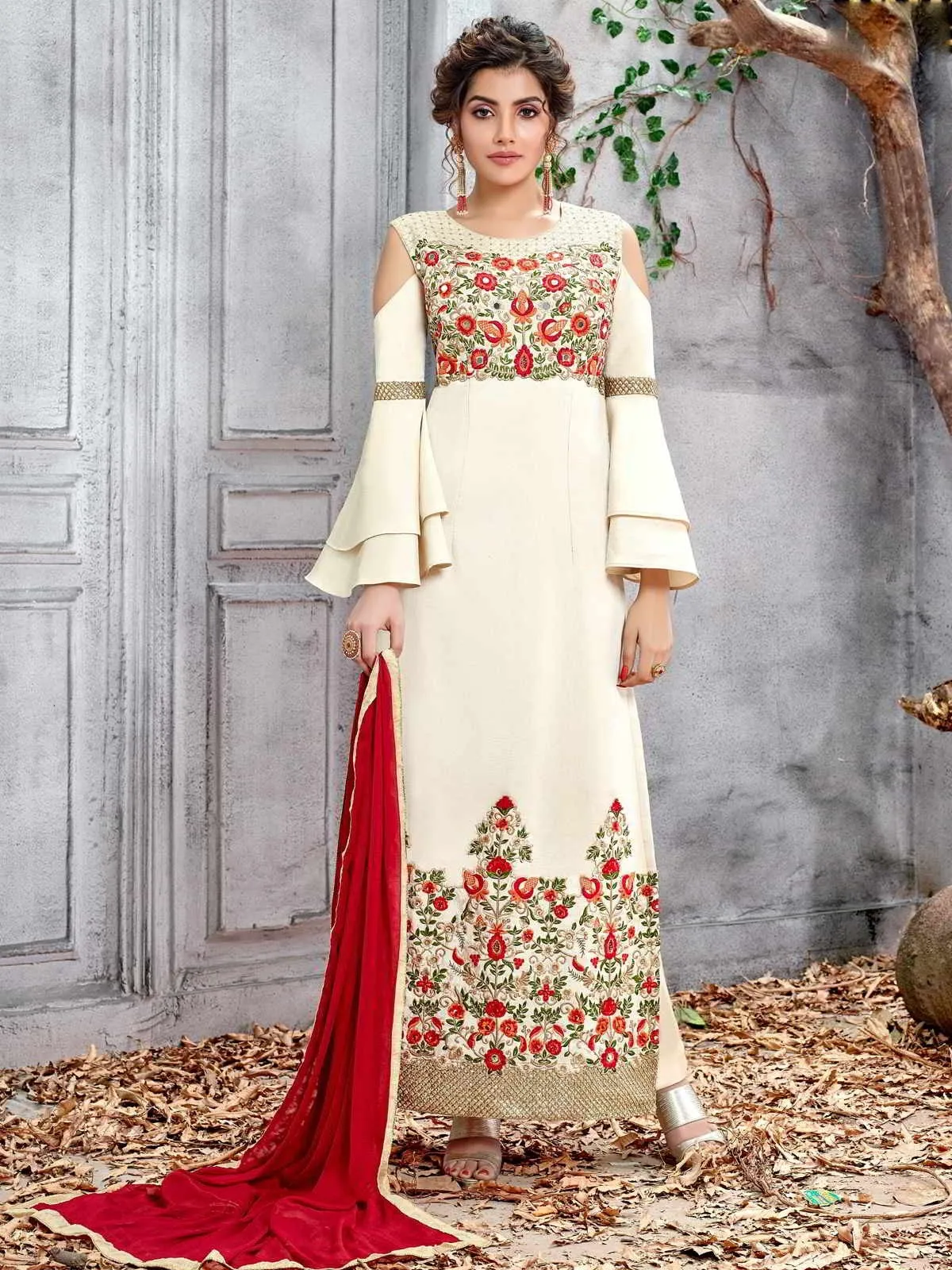 Off White Multi Embroidered Designer Pakistani Pant Suit