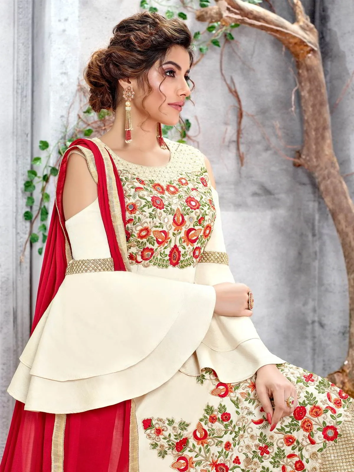 Off White Multi Embroidered Designer Pakistani Pant Suit