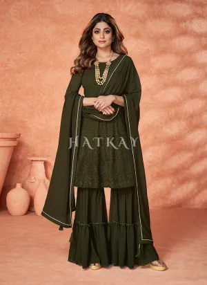 Olive Green Embroidered Bollywood Sharara Suit