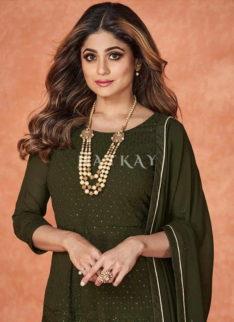 Olive Green Embroidered Bollywood Sharara Suit