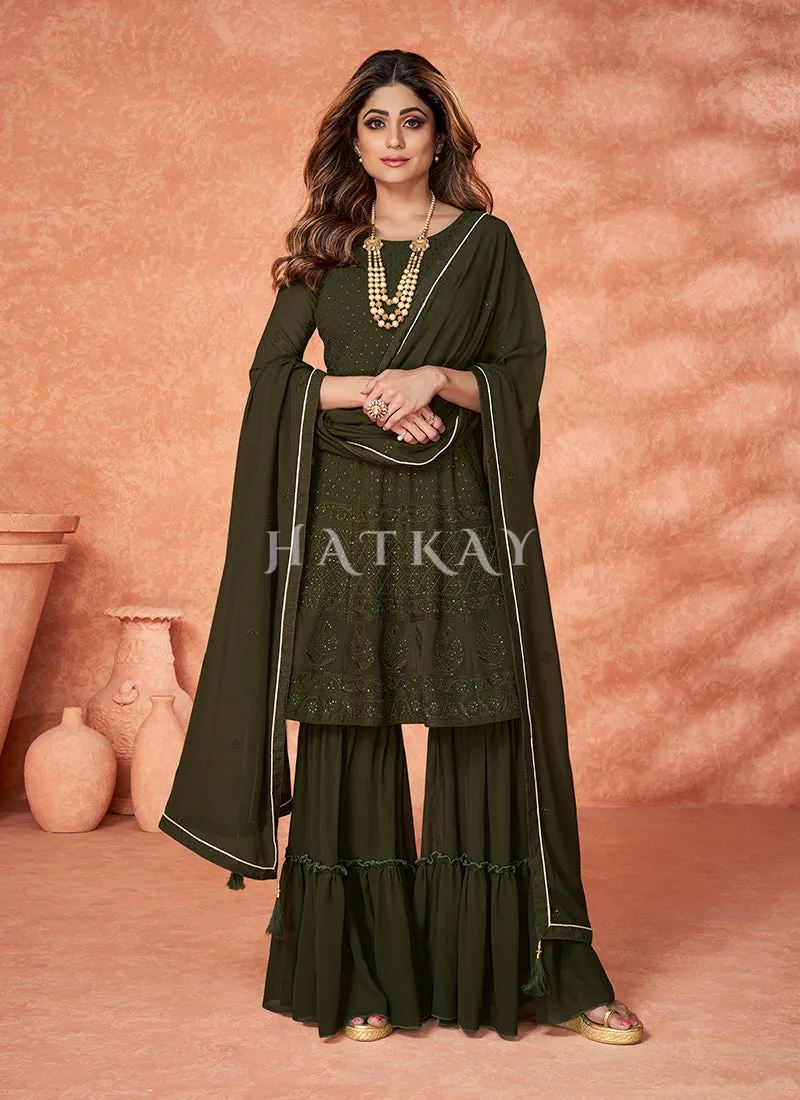 Olive Green Embroidered Bollywood Sharara Suit