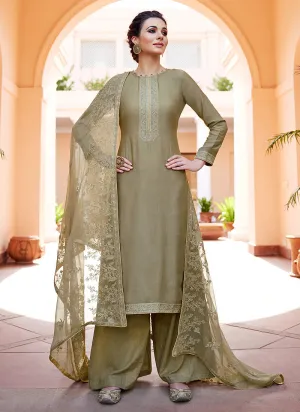 Olive Green Kashmiri Embroidered Designer Palazzo Suit