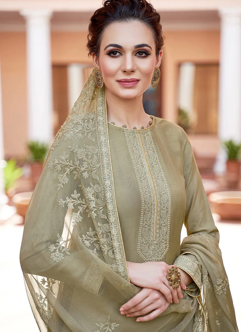 Olive Green Kashmiri Embroidered Designer Palazzo Suit